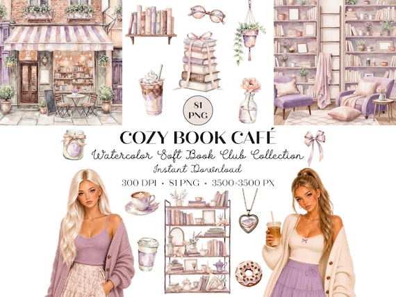 Cozy Book Cafe Clipart Bundle, Watercolor Book Club PNG, Coffee Shop Clipart, Bookish Cafe Graphics, Reading Aesthetic, Book Lover Clipart
