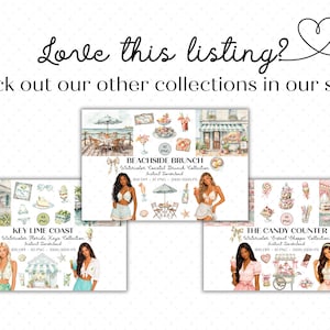 May include: Three digital art collection previews titled Beachside Brunch, Key Lime Coast, and The Candy Counter. Each features watercolor illustrations of coastal, tropical, and confectionery themes, including food, drinks, and stylized figures.