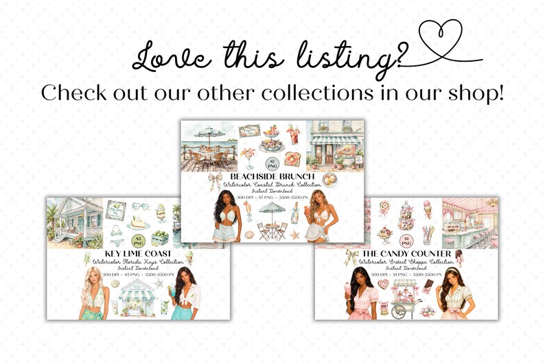 May include: Three digital art collection previews titled Beachside Brunch, Key Lime Coast, and The Candy Counter. Each features watercolor illustrations of coastal, tropical, and confectionery themes, including food, drinks, and stylized figures.