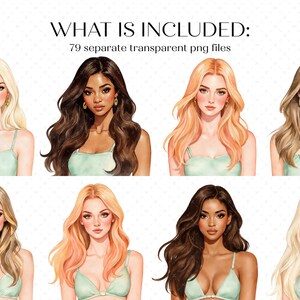 K&ouml;nnte beinhalten: Aquarellillustrationen von Frauen mit verschiedenen Hautt&ouml;nen und Frisuren. Die Frauen tragen mintgr&uuml;ne Oberteile. Das Bild enth&auml;lt den Text "WHAT IS INCLUDED: 79 separate transparent png files."