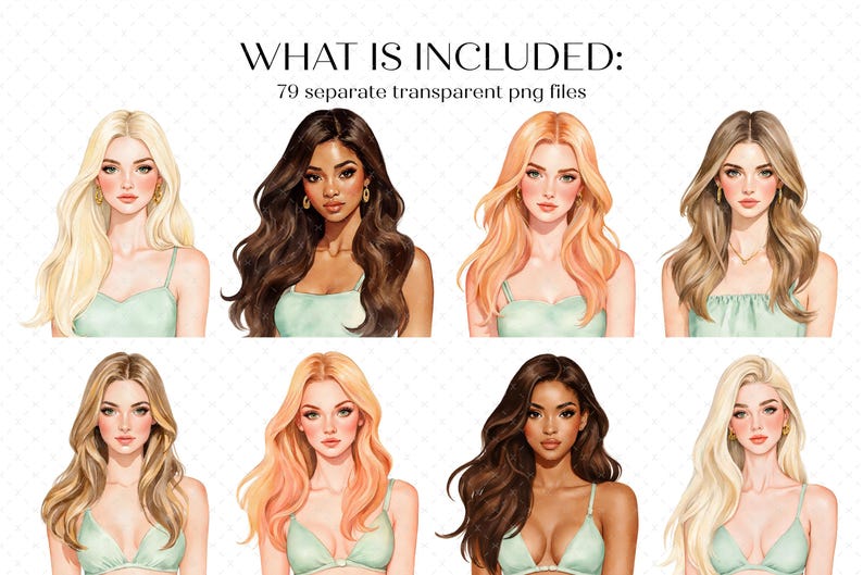 K&ouml;nnte beinhalten: Aquarellillustrationen von Frauen mit verschiedenen Hautt&ouml;nen und Frisuren. Die Frauen tragen mintgr&uuml;ne Oberteile. Das Bild enth&auml;lt den Text "WHAT IS INCLUDED: 79 separate transparent png files."