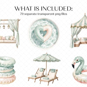 K&ouml;nnte beinhalten: Aquarellillustrationen von Strandartikeln, darunter ein Pavillon, ein herzf&ouml;rmiger Schwimmer, ein gestreifter Sonnenschirm, Liegest&uuml;hle und ein Flamingo-Schwimmer. Der Text "WHAT IS INCLUDED: 79 separate transparent png files" steht oben.