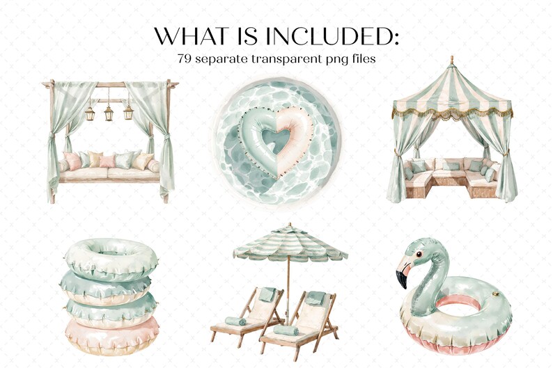 K&ouml;nnte beinhalten: Aquarellillustrationen von Strandartikeln, darunter ein Pavillon, ein herzf&ouml;rmiger Schwimmer, ein gestreifter Sonnenschirm, Liegest&uuml;hle und ein Flamingo-Schwimmer. Der Text "WHAT IS INCLUDED: 79 separate transparent png files" steht oben.