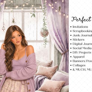 May include: A digital illustration of a person with long brown hair wearing a lavender cardigan and top, set against a window with purple curtains and string lights. Text reads: Perfect for: Invitations, Scrapbooking, Junk Journals, Stickers.