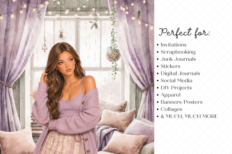 May include: A digital illustration of a person with long brown hair wearing a lavender cardigan and top, set against a window with purple curtains and string lights. Text reads: Perfect for: Invitations, Scrapbooking, Junk Journals, Stickers.