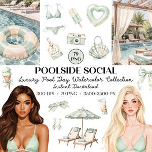 Lyxig pooldag clipart-paket, akvarell poolside social grafik, sommarestetisk PNG-set, Cabana poolparty, strandresort clipart PNG