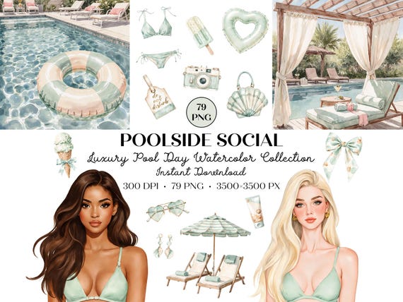 Luxury Pool Day Clipart Bundle, Watercolor Poolside Social Graphics, Summer Aesthetic PNG Set, Cabana Pool Party, Beach Resort Clipart PNG