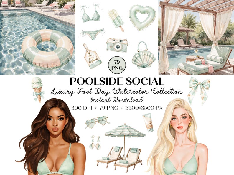 K&ouml;nnte beinhalten: Aquarell-Illustration einer Poolszene mit Schwimmring, Bikini, Kamera und anderem Zubeh&ouml;r. Der Text "POOLSIDE SOCIAL" und "Luxury Pool Day Watercolor Collection" sind ebenfalls sichtbar.