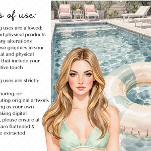 K&ouml;nnte beinhalten: Aquarellillustration einer Frau in einem gr&uuml;nen Bikini-Oberteil mit langen blonden Haaren, einem Schwimmreifen und einem Swimmingpool. Der Hintergrund zeigt einen Pool, Liegest&uuml;hle und Text mit der Aufschrift "Nutzungsbedingungen:" und anderem Text.