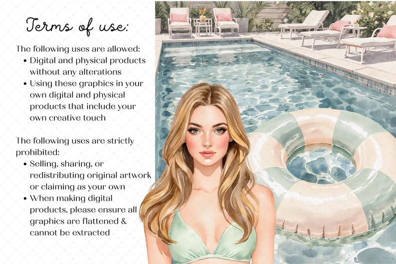 K&ouml;nnte beinhalten: Aquarellillustration einer Frau in einem gr&uuml;nen Bikini-Oberteil mit langen blonden Haaren, einem Schwimmreifen und einem Swimmingpool. Der Hintergrund zeigt einen Pool, Liegest&uuml;hle und Text mit der Aufschrift "Nutzungsbedingungen:" und anderem Text.