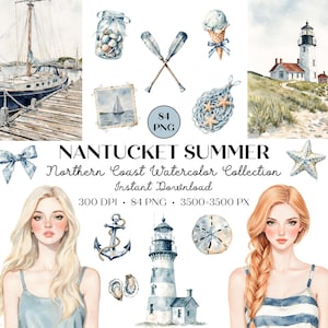 May include: Watercolor illustrations of a sailboat, lighthouse, and nautical elements. The image includes a jar of seashells, oars, an ice cream cone, a net with starfish, and two portraits of women. The text reads "Nantucket Summer".