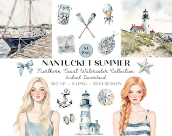 Nantucket Sommer Clipart Bundle, Küsten Aquarell PNG, Adrette Strand Clipart, Hortensie, Hummer, Nautische Sommer Grafiken PNG, Cape Cod