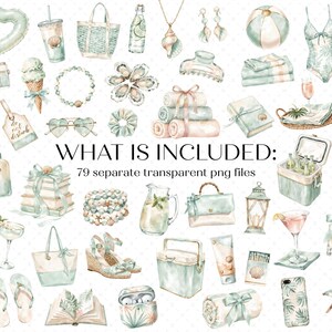 K&ouml;nnte beinhalten: Aquarell-Illustration verschiedener Strandartikel in Blau-, Gr&uuml;n- und Beiget&ouml;nen. Enth&auml;lt einen Badeanzug, eine Sonnenbrille, eine Kamera, eine Strandtasche und einen Liegestuhl. Der Text lautet: "WHAT IS INCLUDED: 79 separate transparent png files."