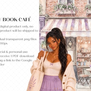 May include: A digital illustration titled COZY BOOK CAF&Eacute; featuring a person with long dark hair wearing a cream cardigan, white camisole, and lavender skirt, holding a tote bag. The background shows a cafe with a striped awning and bookshelves.