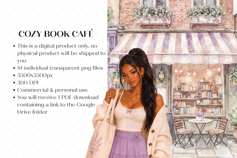 May include: A digital illustration titled COZY BOOK CAF&Eacute; featuring a person with long dark hair wearing a cream cardigan, white camisole, and lavender skirt, holding a tote bag. The background shows a cafe with a striped awning and bookshelves.