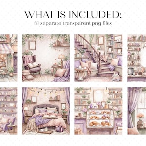 May include: A digital collection of 81 transparent PNG files featuring watercolor-style illustrations of cozy interior scenes, including a storefront, library, bedroom, and bakery, all rendered in soft purple, brown, and neutral tones.