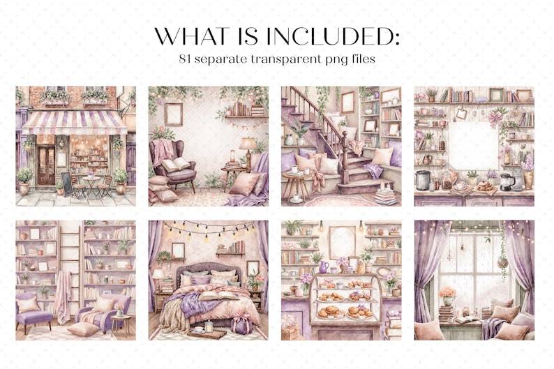 May include: A digital collection of 81 transparent PNG files featuring watercolor-style illustrations of cozy interior scenes, including a storefront, library, bedroom, and bakery, all rendered in soft purple, brown, and neutral tones.