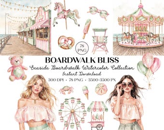 Seaside Boardwalk Aquarell Clipart, Sommer Strand Clipart PNG, Karneval Boardwalk, ästhetische Clip Art, Vergnügungspark