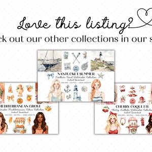 K&ouml;nnte beinhalten: Das Bild zeigt drei Banner f&uuml;r Aquarellkollektionen: "Nantucket Summer", "Mediterranean Grove" und "Cherry Coquette". Jedes Banner enth&auml;lt Illustrationen von Frauen, nautischen Elementen und Zitrusfr&uuml;chten, mit Text.