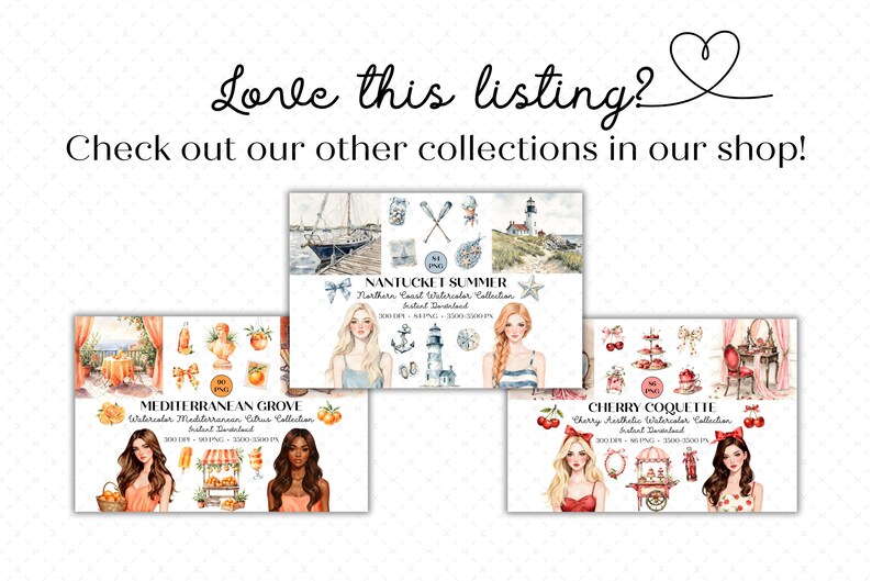 K&ouml;nnte beinhalten: Das Bild zeigt drei Banner f&uuml;r Aquarellkollektionen: "Nantucket Summer", "Mediterranean Grove" und "Cherry Coquette". Jedes Banner enth&auml;lt Illustrationen von Frauen, nautischen Elementen und Zitrusfr&uuml;chten, mit Text.