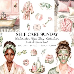 Spa Self Care Clipart, Spa Day Watercolor Clipart, Skincare Beauty Graphics PNG, Spa Aesthetic Clipart, Wellness Planner Clipart, Spa Girl