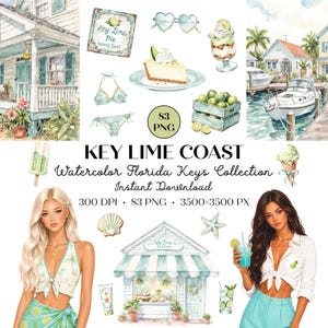 May include: A digital watercolour collection titled Key Lime Coast featuring illustrations of Florida Keys coastal houses, boats, key lime pie, tropical drinks, bikinis, sunglasses, shells, and two illustrated figures in summer attire.