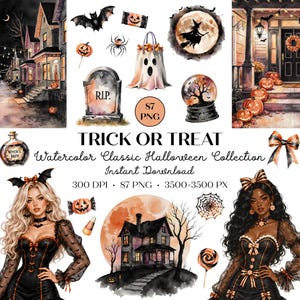 May include: A digital collection of Halloween-themed watercolour illustrations featuring two figures in black lace dresses, a haunted house, a graveyard, pumpkins, a witch on a broom, a ghost bag, a potion bottle, and sweets, labelled TRICK OR TREAT.