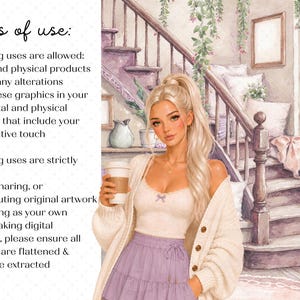 May include: A digital illustration featuring a blonde person with a high ponytail, wearing a cream cardigan over a white camisole and a lavender skirt, holding a coffee cup. The background shows a staircase, bookshelves, and hanging plants.