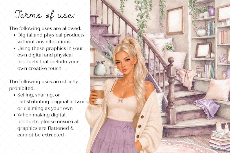 May include: A digital illustration featuring a blonde person with a high ponytail, wearing a cream cardigan over a white camisole and a lavender skirt, holding a coffee cup. The background shows a staircase, bookshelves, and hanging plants.