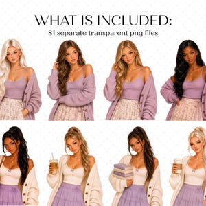 May include: A digital collection of 81 separate transparent PNG files featuring illustrations of individuals with diverse hair colors and styles, wearing lavender or white tops, cardigans, and skirts, with some holding coffee cups or books.