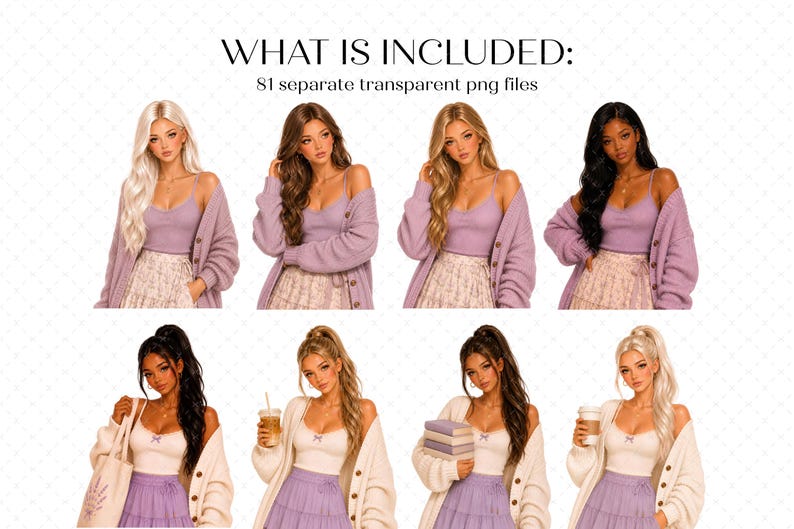 May include: A digital collection of 81 separate transparent PNG files featuring illustrations of individuals with diverse hair colors and styles, wearing lavender or white tops, cardigans, and skirts, with some holding coffee cups or books.