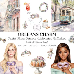 New Orleans Watercolor Clipart, Mardi Gras Clipart PNG, French Quarter Aesthetic Graphics, Pastel Louisiana Travel Clipart, Carnival Party