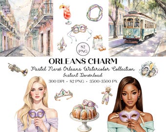 Imágenes prediseñadas de acuarela de Nueva Orleans, imágenes prediseñadas PNG de Mardi Gras, gráficos estéticos del Barrio Francés, imágenes prediseñadas de viajes de Luisiana en tonos pastel, fiesta de carnaval