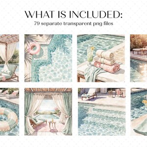 K&ouml;nnte beinhalten: Aquarellillustrationen einer Poolszene mit Liegest&uuml;hlen, Handt&uuml;chern und einem Getr&auml;nk. Das Bild enth&auml;lt den Text "WHAT IS INCLUDED: 79 separate transparent png files."