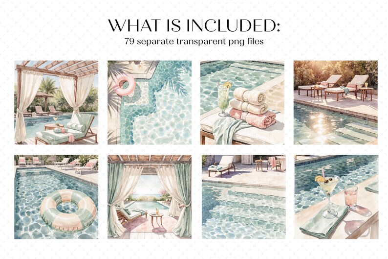 K&ouml;nnte beinhalten: Aquarellillustrationen einer Poolszene mit Liegest&uuml;hlen, Handt&uuml;chern und einem Getr&auml;nk. Das Bild enth&auml;lt den Text "WHAT IS INCLUDED: 79 separate transparent png files."