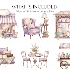 May include: A collection of watercolor illustrations featuring a storefront, an armchair with a lamp, a window display, a pile of pillows with an open book, a bistro table with two chairs, and a cart, with text WHAT IS INCLUDED: 81 separate transparent png files.