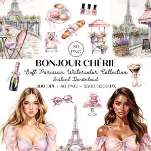 Paris Watercolor Clipart Set, French Cafe Clipart PNG, Coquette Paris Aesthetic Graphics, Paris Bakery Clipart, Romantic Parisian Clip Art