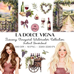 Tuscany Watercolor Clipart Bundle, Italian Vineyard Clipart, Wine & Grapes PNG, Vintage Rustic Clip Art, La Dolce Vigna, Wine Lover Clipart