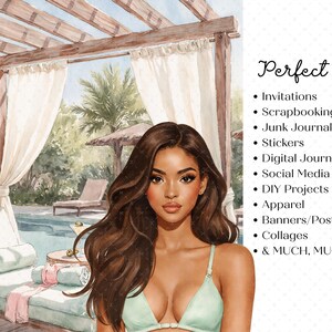 K&ouml;nnte beinhalten: Aquarellillustration einer Frau in einem gr&uuml;nen Bikini mit langen braunen Haaren in tropischer Umgebung. Der Hintergrund umfasst einen Pool, Liegest&uuml;hle und eine Holzpergola mit wei&szlig;en Vorh&auml;ngen. Text: Perfekt f&uuml;r: Einladungen, Scrapbooking, Junk Journals, Aufkleber, Digitale Journale, Social Media, DIY-Projekte, Bekleidung, Banner/Poster, Collagen, & VIEL, VIEL MEHR.