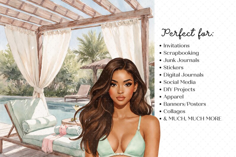 K&ouml;nnte beinhalten: Aquarellillustration einer Frau in einem gr&uuml;nen Bikini mit langen braunen Haaren in tropischer Umgebung. Der Hintergrund umfasst einen Pool, Liegest&uuml;hle und eine Holzpergola mit wei&szlig;en Vorh&auml;ngen. Text: Perfekt f&uuml;r: Einladungen, Scrapbooking, Junk Journals, Aufkleber, Digitale Journale, Social Media, DIY-Projekte, Bekleidung, Banner/Poster, Collagen, & VIEL, VIEL MEHR.