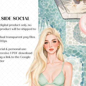 K&ouml;nnte beinhalten: Aquarellillustration einer Frau mit langen blonden Haaren in einem mintgr&uuml;nen Bikini, mit einem rosa aufblasbaren Ring, der in einem Pool schwimmt. Das Bild enth&auml;lt den Text "POOLSIDE SOCIAL".