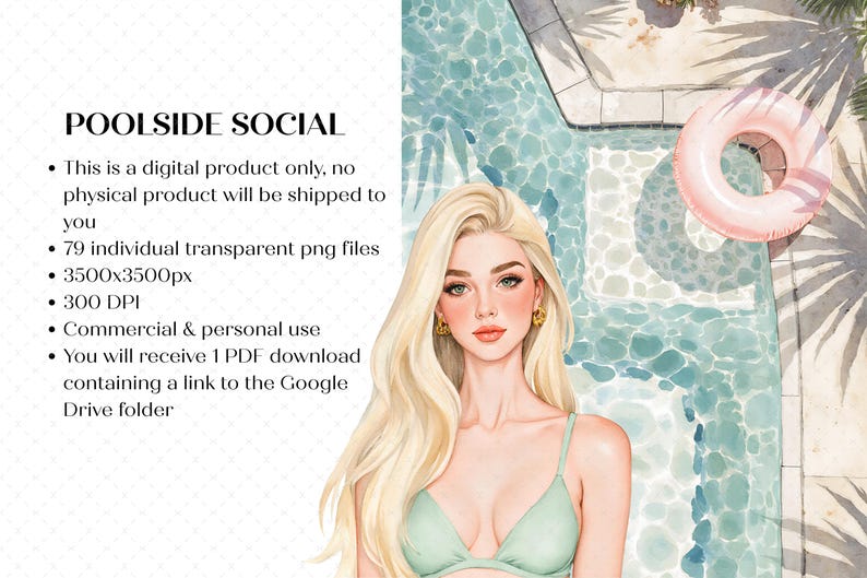 K&ouml;nnte beinhalten: Aquarellillustration einer Frau mit langen blonden Haaren in einem mintgr&uuml;nen Bikini, mit einem rosa aufblasbaren Ring, der in einem Pool schwimmt. Das Bild enth&auml;lt den Text "POOLSIDE SOCIAL".