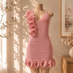 Puede incluir: Un minivestido de ganchillo rosa claro con escote en V, tirantes finos y un prominente detalle de volante vertical que se extiende desde el hombro derecho hasta el corpiño. El dobladillo está rematado con una serie de volantes circulares.