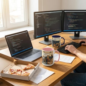 May include: A workspace with a laptop, two computer monitors, and two mugs. One mug is pink and white with a cartoon design, and the other is blue and white. A pizza box with slices of pizza is on the desk.