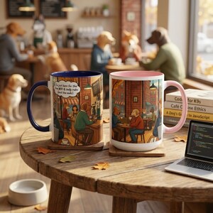May include: Two ceramic coffee mugs featuring dog characters in a cafe scene. One mug has a blue handle and rim, the other a pink handle and rim. The mugs sit on a wooden table with a laptop and books, with autumn leaves scattered around.