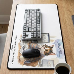 Funny Cat Desk Mat, Watercolor Loading, WFH Office Decor, Introvert Keyboard Pad