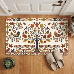 Scandi Folk Art Doormat, Tree of Life Welcome Mat, Cream Autumn Decor, Woodland Bird Entry Rug, Cottagecore Fall Mat, Boho Front Porch
