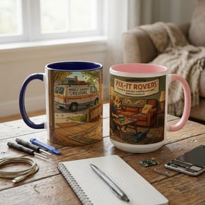 May include: Two ceramic mugs with unique designs. One mug features a van with the text "MOBILE GADGET REVIVAL". The other mug has a dog fixing a device with the text "FIX-IT ROVER!" and "Coming to save your scrolling addiction".