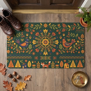 Paillasson d'inspiration scandinave, tapis de bienvenue automnal, tapis d'entrée renard des bois, décoration automnale cottagecore, paillasson vert forêt, décoration hygge