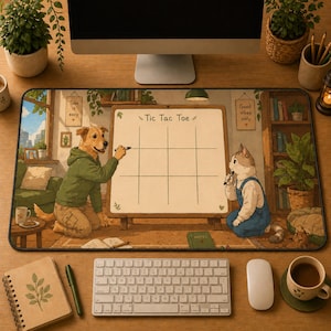 Könnte beinhalten: Rechteckige Schreibtischunterlage mit einer skurrilen Illustration eines Hundes und einer Katze, die Tic-Tac-Toe auf einer Tafel spielen. Die Unterlage enthält eine Tastatur, eine Maus und eine Tasse Kaffee. Die Worte "Tic Tac Toe" stehen auf der Tafel.